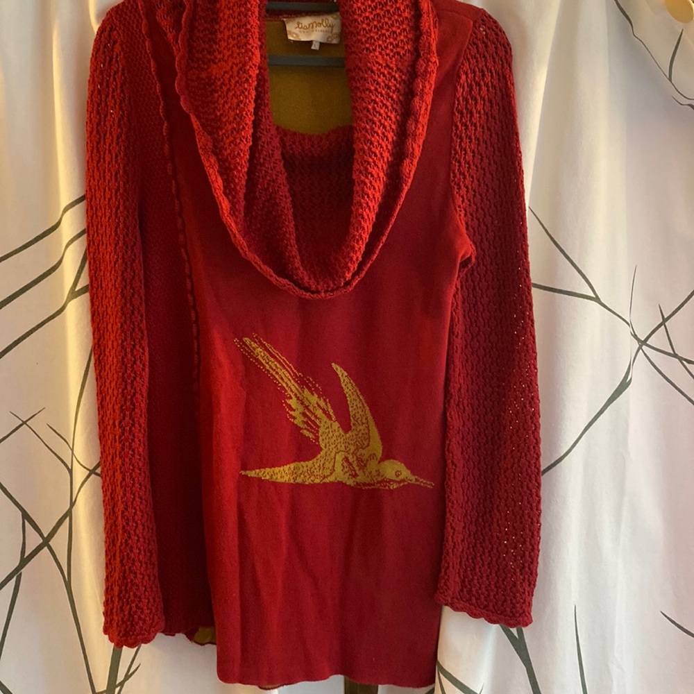 Anthropologie Lia Molly cowl neck sweater with gold birds Sz L